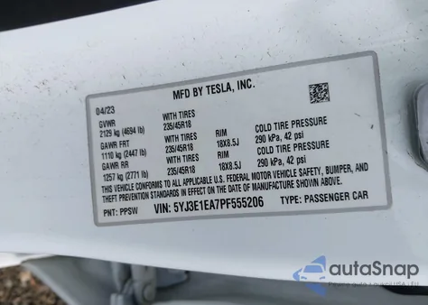 2023 Tesla Model 3 Rear-Wheel Drive из США, поврежденный, VIN 5YJ3E1EA7PF555206